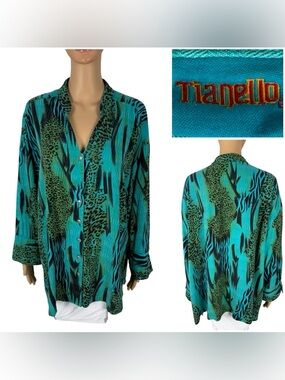 Tianello Womens 2X Top Blouse Plus Floral Boxy Boho Button Front Garment Dyed